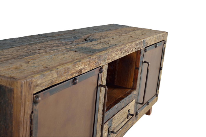 GINER Y COLOMER Mueble TV de madera reciclada y metal con puertas oxidadas